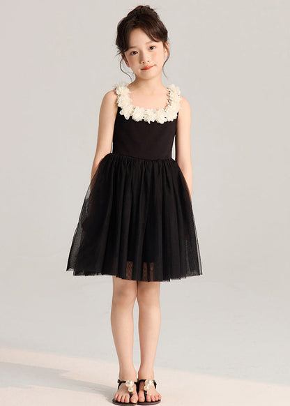 Robe mi-longue en tulle noir uni pour fille, patchwork, sans manches, EW037