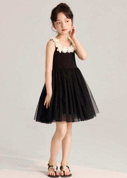 Robe mi-longue en tulle noir uni pour fille, patchwork, sans manches, EW037