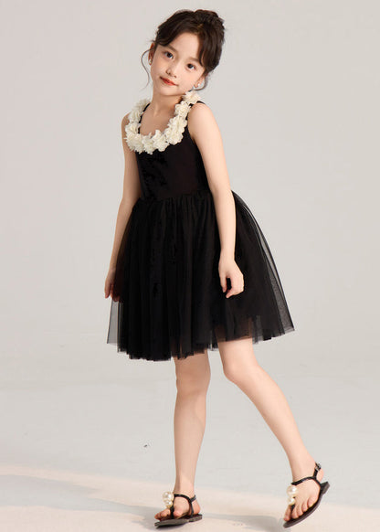 Robe mi-longue en tulle noir uni pour fille, patchwork, sans manches, EW037