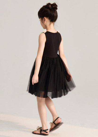 Robe mi-longue en tulle noir uni pour fille, patchwork, sans manches, EW037