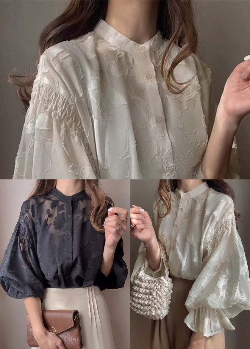 Fall Black Jacquard Collar French Top Chiffon Stand