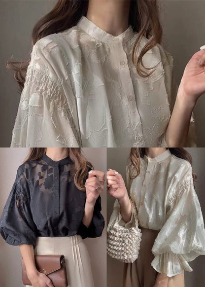 Fall Black Jacquard Collar French Top Chiffon Stand