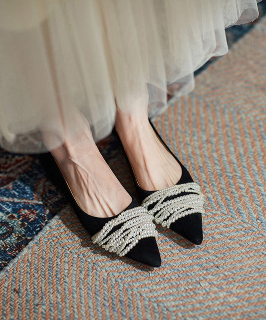 Nagel Wildleder Flache Schwarze Französisch Bead Toe Schuhe Spitz Spleißen