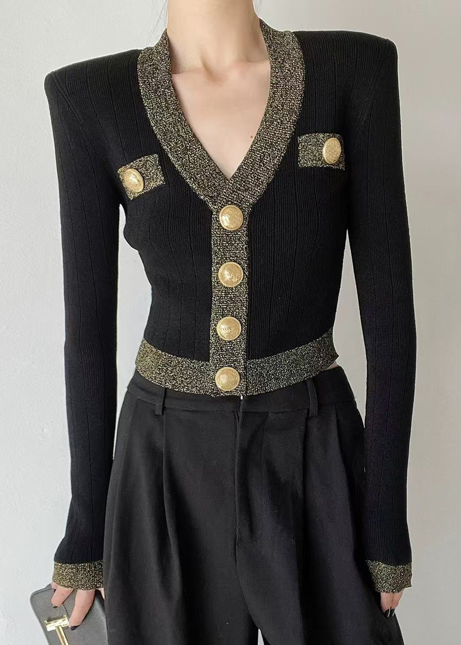 Cardigan court en laine noir à col en V et boutons, printemps TY028