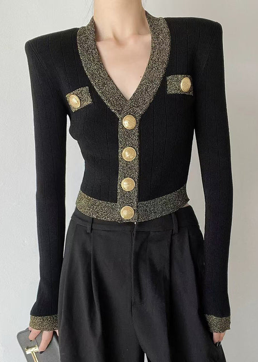 Cardigan court en laine noir à col en V et boutons, printemps TY028