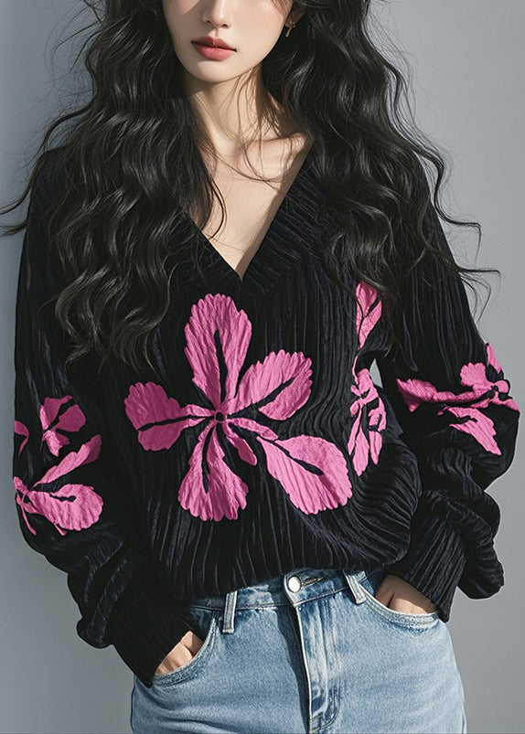 T-shirt de printemps noir à col en velours côtelé et imprimé V français