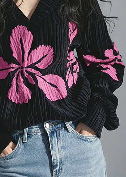 T-shirt de printemps noir à col en velours côtelé et imprimé V français