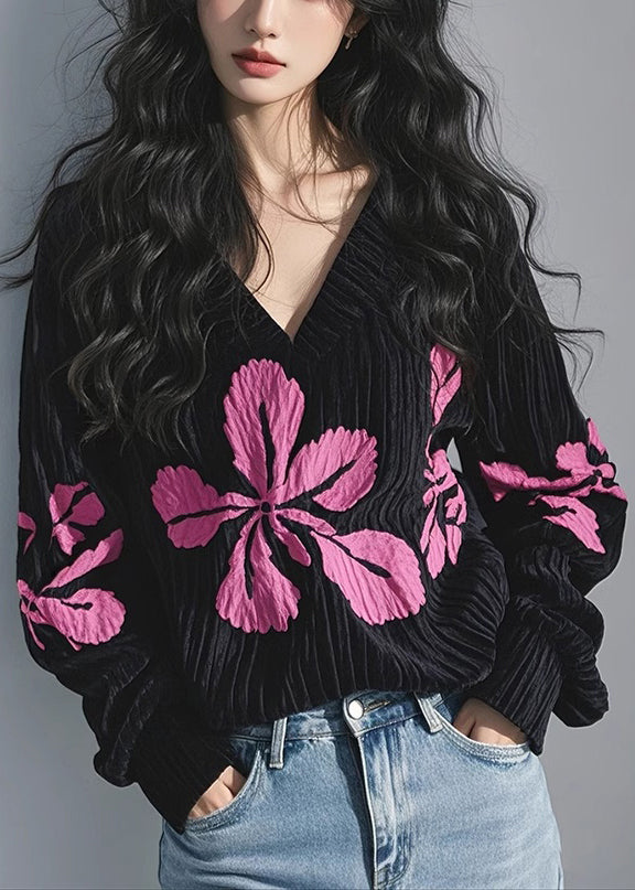 T-shirt de printemps noir à col en velours côtelé et imprimé V français