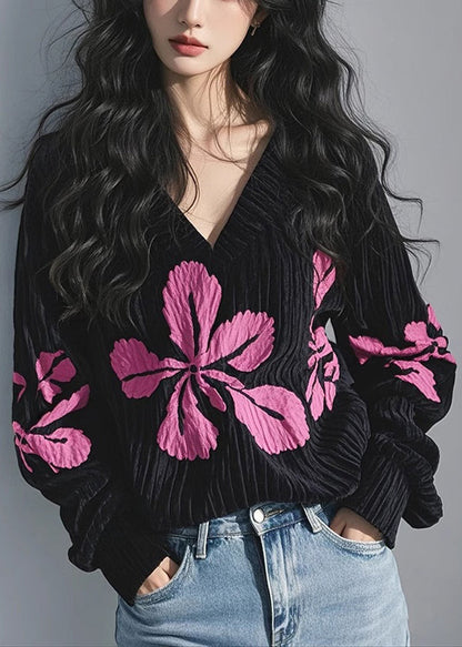 T-shirt de printemps noir à col en velours côtelé et imprimé V français