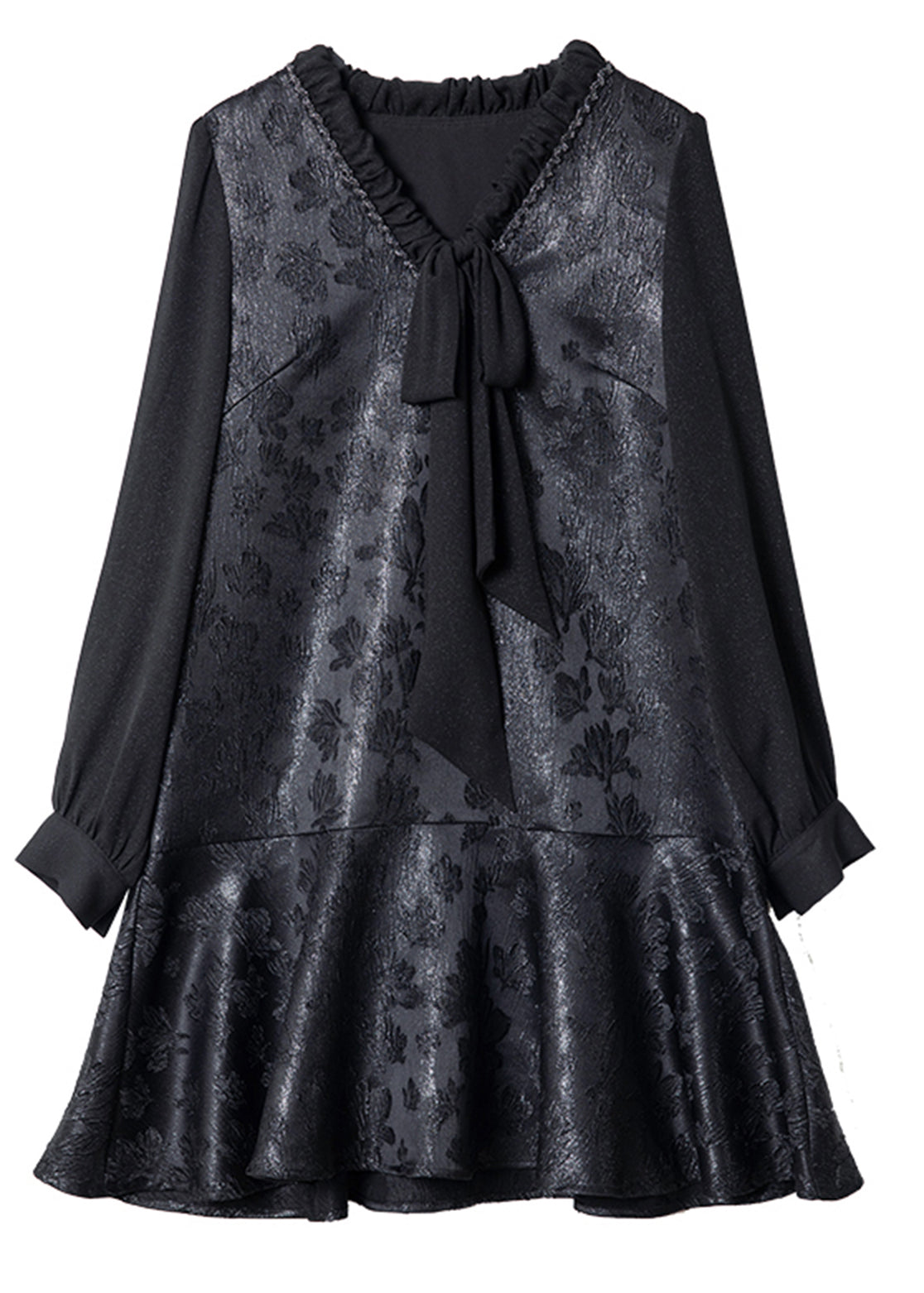 French Black V Neck Ruffled Bow Silk Vacation Mid Dresses Spring TE039