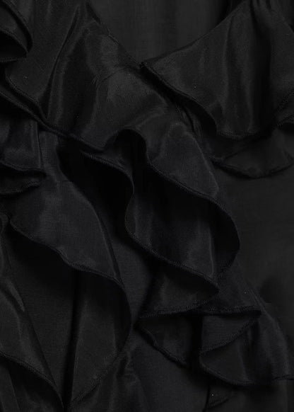 Langes Kleid mit Rüschenkragen, ärmellos, französisches V, schwarze Baumwolle