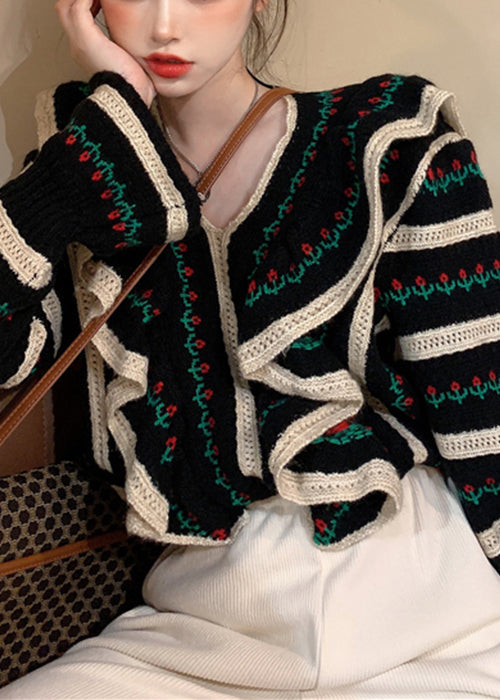 Pull en tricot noir français à col en V et volants ajourés, printemps TY024