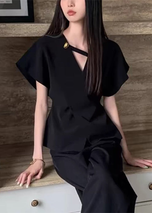 Black Solid V Neck Summer Shirt Spandex French