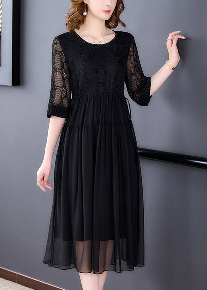 Robe longue en mousseline de soie noire froissée à lacets et demi-manches OP1008