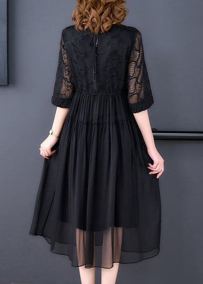 Robe longue en mousseline de soie noire froissée à lacets et demi-manches OP1008