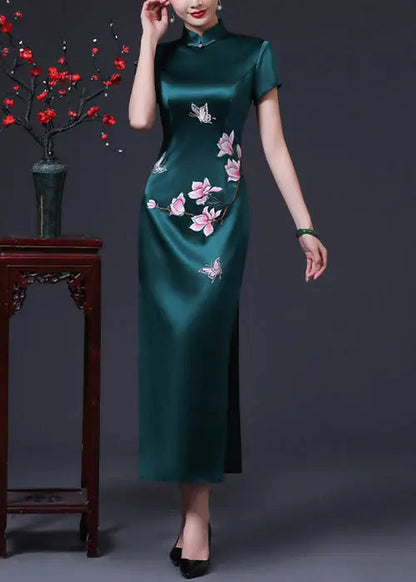 French Blackish Green Print Side Open Silk Long Dresses Summer Ada Fashion