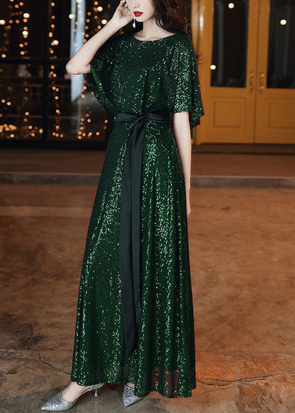 Robe de vacances en soie à paillettes vert noir français avec ceinture nouée à la taille pour l'été YY019