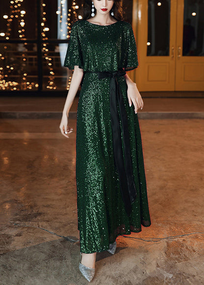 Robe de vacances en soie à paillettes vert noir français avec ceinture nouée à la taille pour l'été YY019