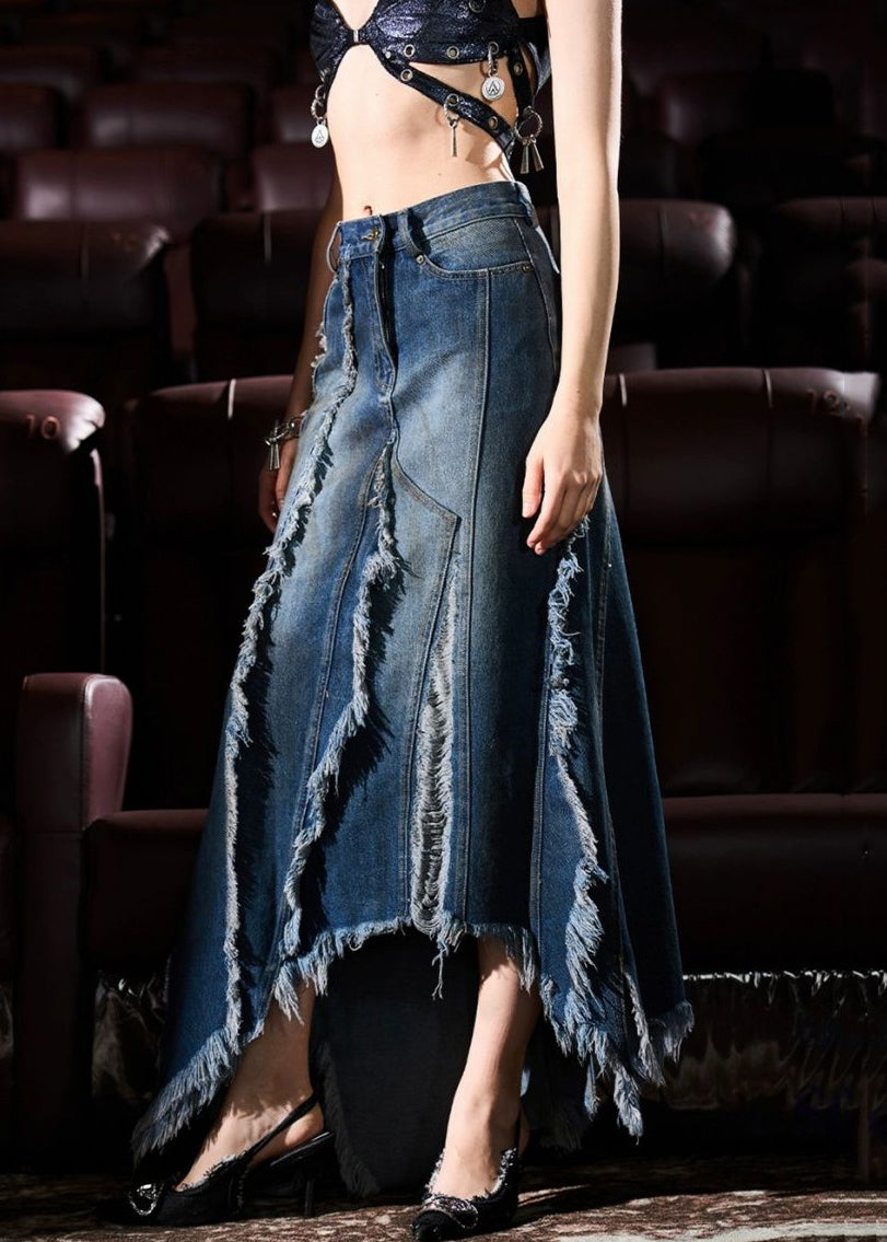 French Blue Asymmetrical Design Tasseled Denim Skirt Summer AW1015