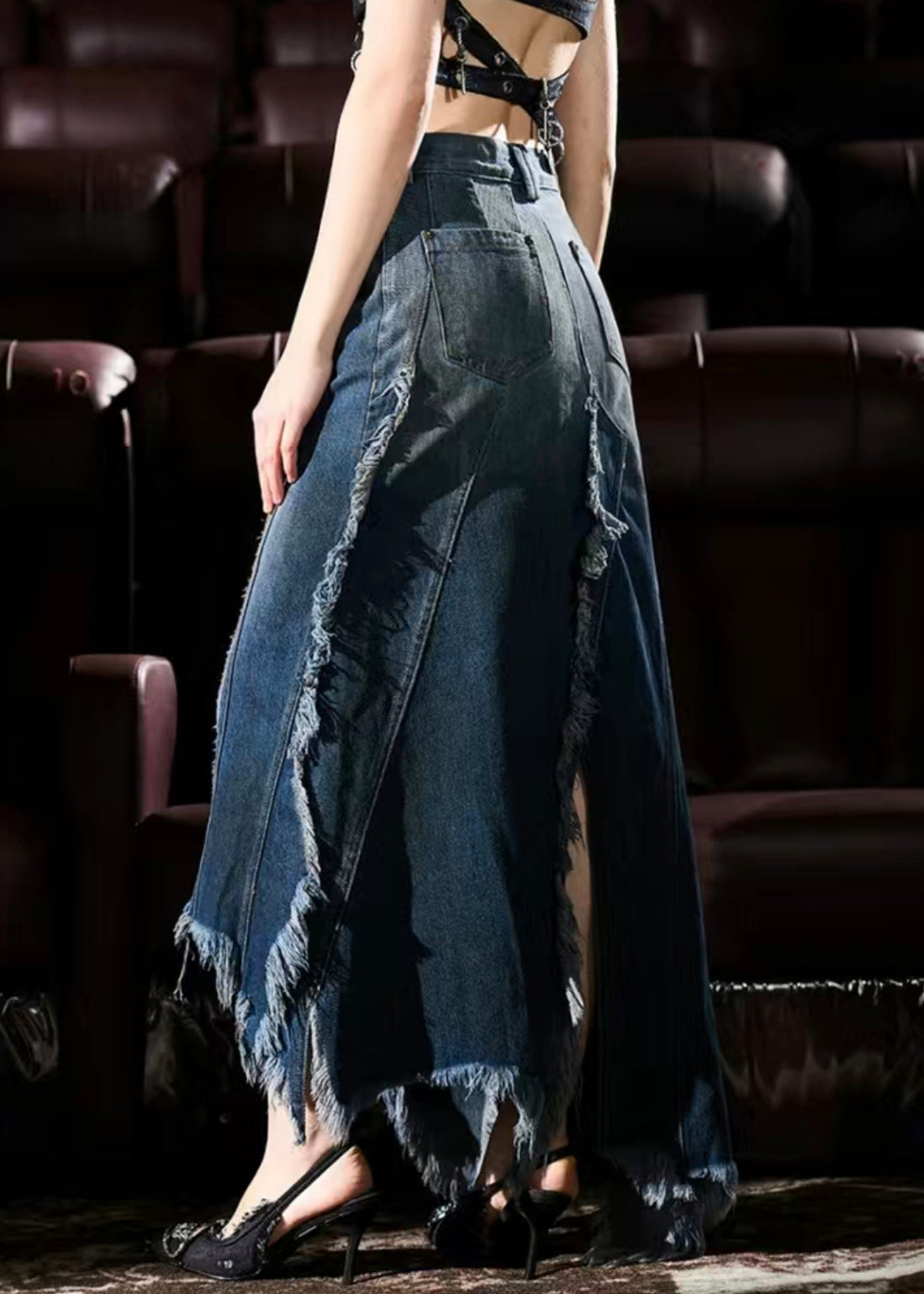 French Blue Asymmetrical Design Tasseled Denim Skirt Summer AW1015