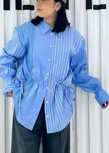 Asymmetrical Shirts French Spring Blue Cotton Striped