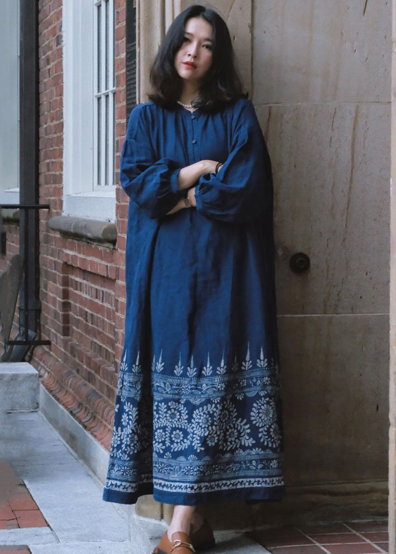 French Blue Button Print Maxi Dresses Long Sleeve MN054