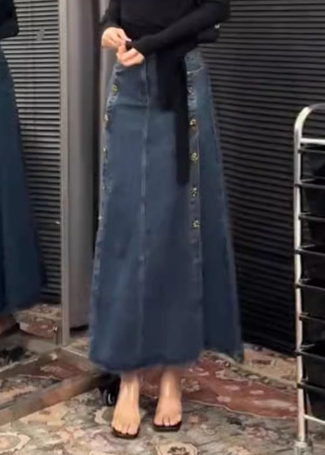 Open Denim French Side Blue Skirts Button Spring