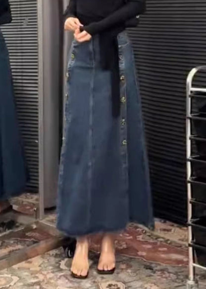 Open Denim French Side Blue Skirts Button Spring