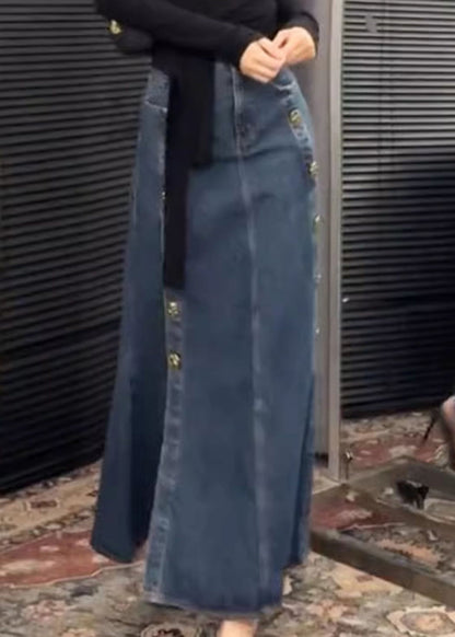Open Denim French Side Blue Skirts Button Spring