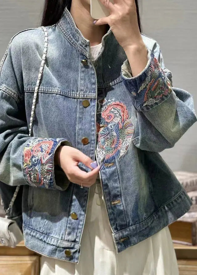 French Blue Embroidered Button Denim Coats Spring Ada Fashion