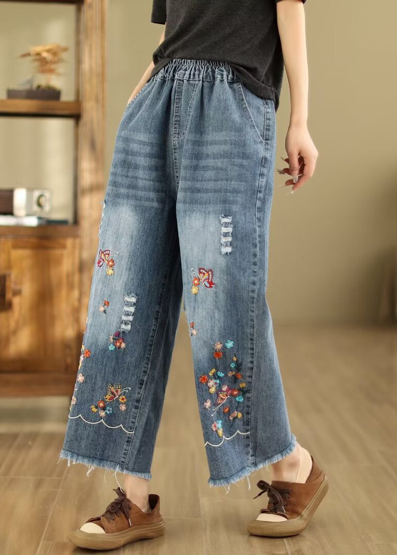 French Blue Embroidered Elastic Waist Denim Crop Pants Summer Ada Fashion