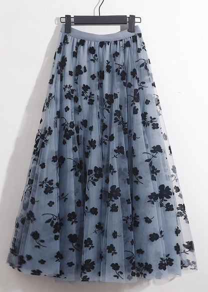 French Blue Floral Elastic Waist Tulle Skirts Summer Ada Fashion