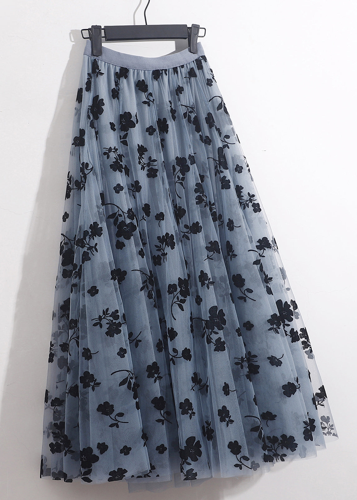 French Blue Floral Elastic Waist Tulle Skirts Summer Ada Fashion