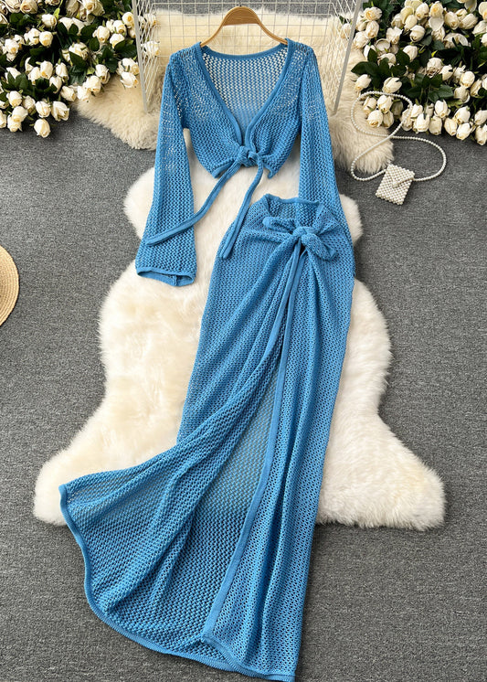 French Blue Hollow Out Tops And Side Open Skirts Knit Two Pieces Set Fall TR042