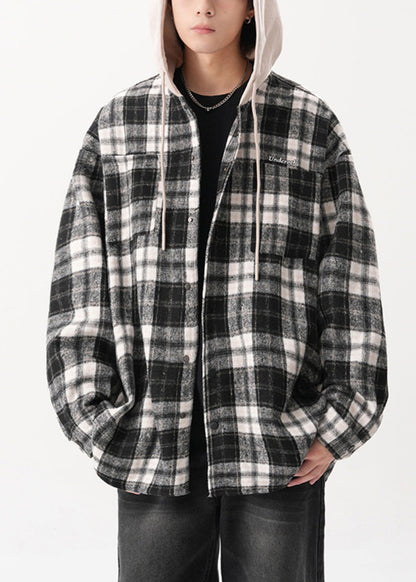 Baumwolle Herren Knopf Kapuze Blau Französisch Mäntel Plaid Frühling