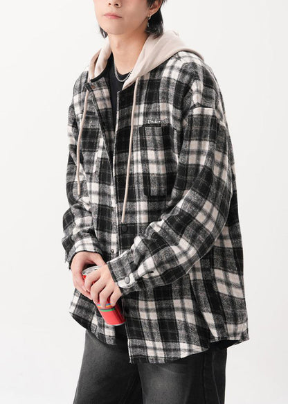 Baumwolle Herren Knopf Kapuze Blau Französisch Mäntel Plaid Frühling