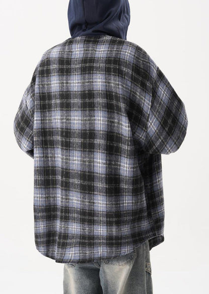 Baumwolle Herren Knopf Kapuze Blau Französisch Mäntel Plaid Frühling