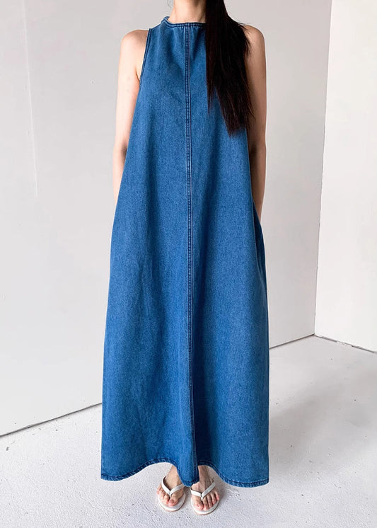 Blau Taschen Französisch Kleider Bis Spitze Denim Ärmellose Lange