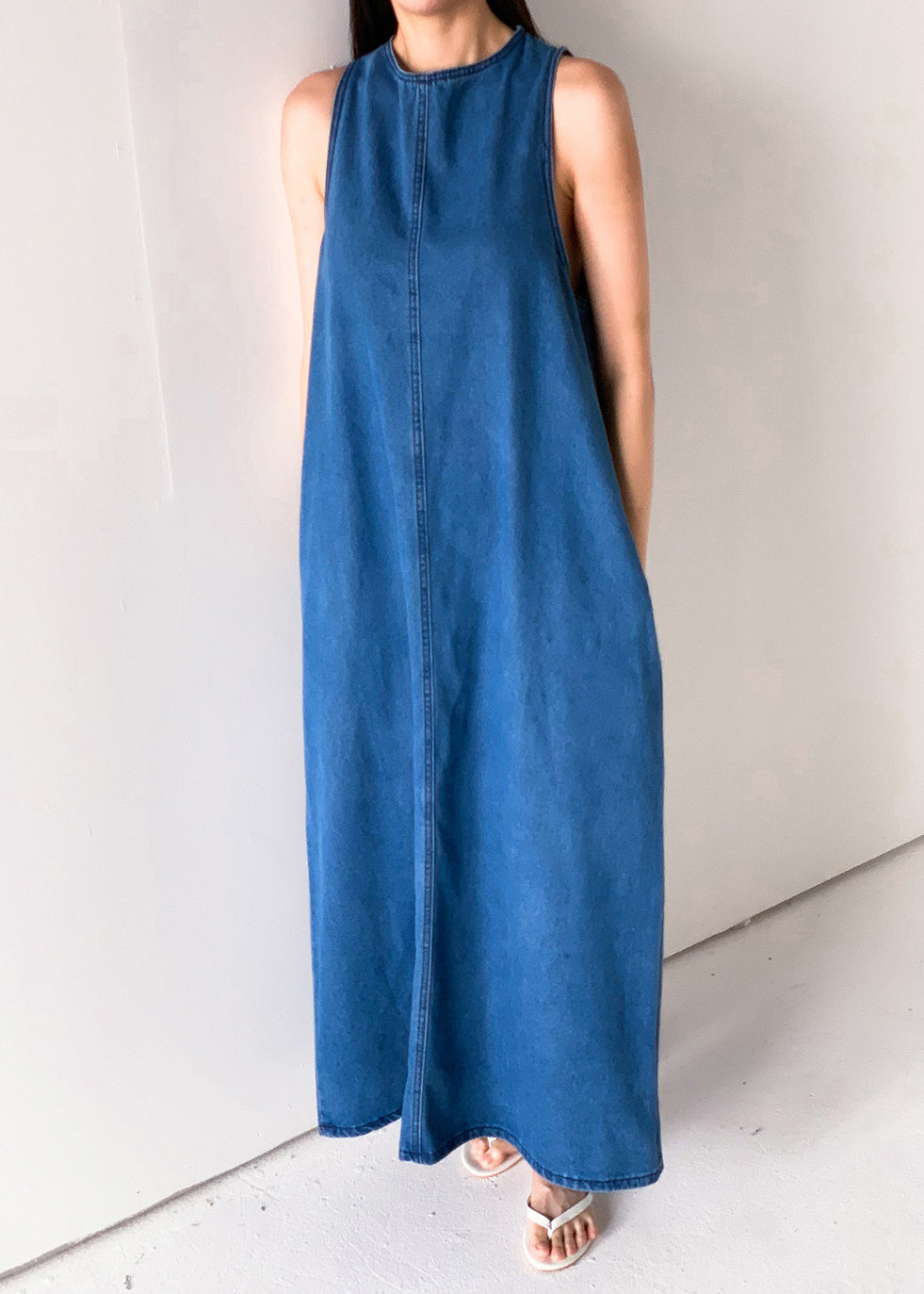 Blau Taschen Französisch Kleider Bis Spitze Denim Ärmellose Lange