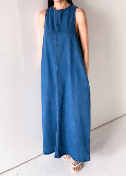 Blau Taschen Französisch Kleider Bis Spitze Denim Ärmellose Lange