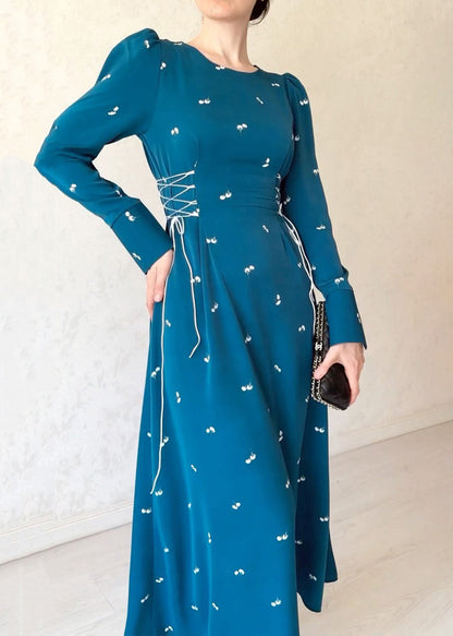 Robe longue en coton bleu français à lacets et imprimé automne WO047