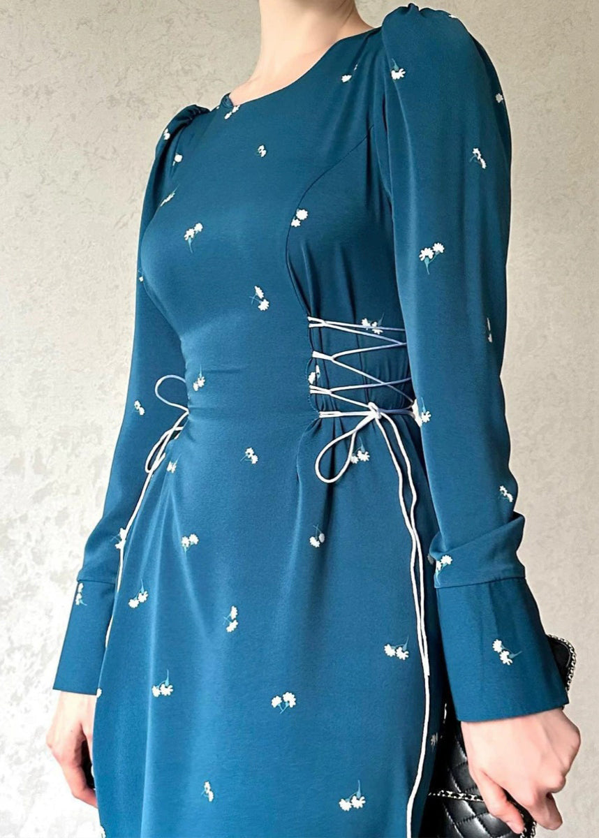 French Blue Lace Up Print Cotton Long Dresses Fall WO047