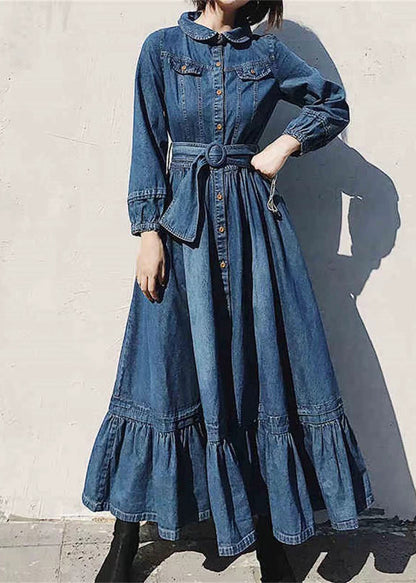 Robe en jean bleu français à col Peter Pan et manches longues ZL076