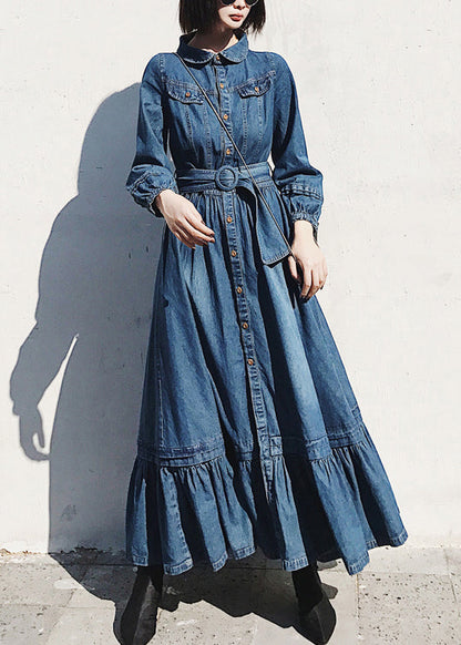 Robe en jean bleu français à col Peter Pan et manches longues ZL076