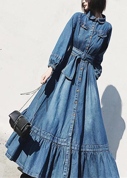 Robe en jean bleu français à col Peter Pan et manches longues ZL076