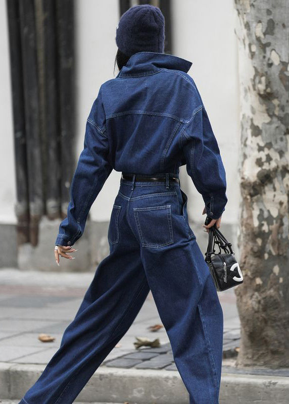 Französischer blauer Jeans-Overall mit Peter-Pan-Kragen und Taschen, Herbst MN049