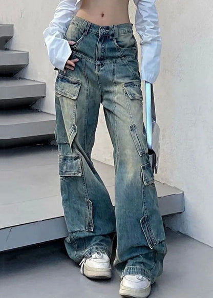 Pantalon en jean bleu français avec poches et taille élastique pour l'automne QF041