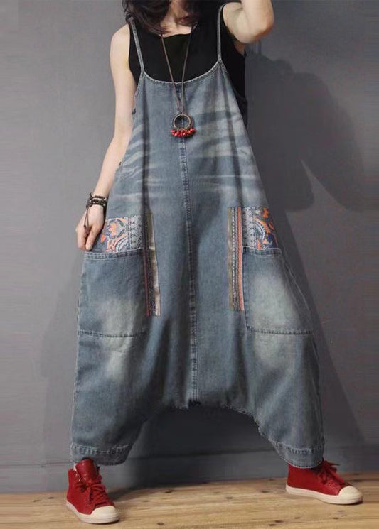 Französischer blauer Jeans-Overall mit Taschen und hoher Taille, ärmellos MN088