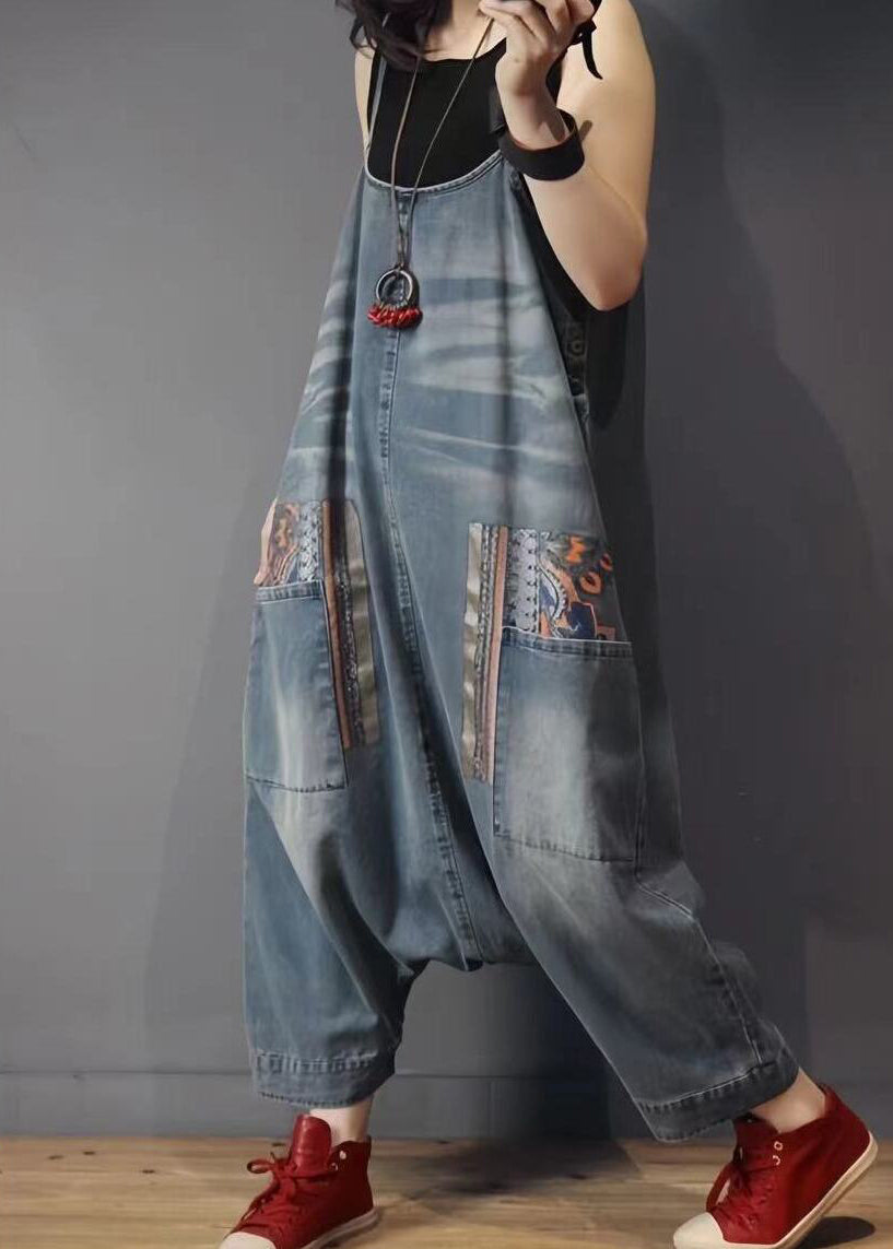 Französischer blauer Jeans-Overall mit Taschen und hoher Taille, ärmellos MN088