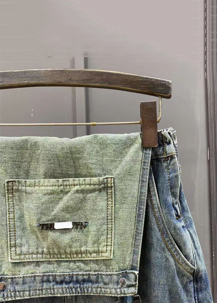 Französischer blauer Denim-Overall mit seitlich offenen Taschen und ärmellos KK009